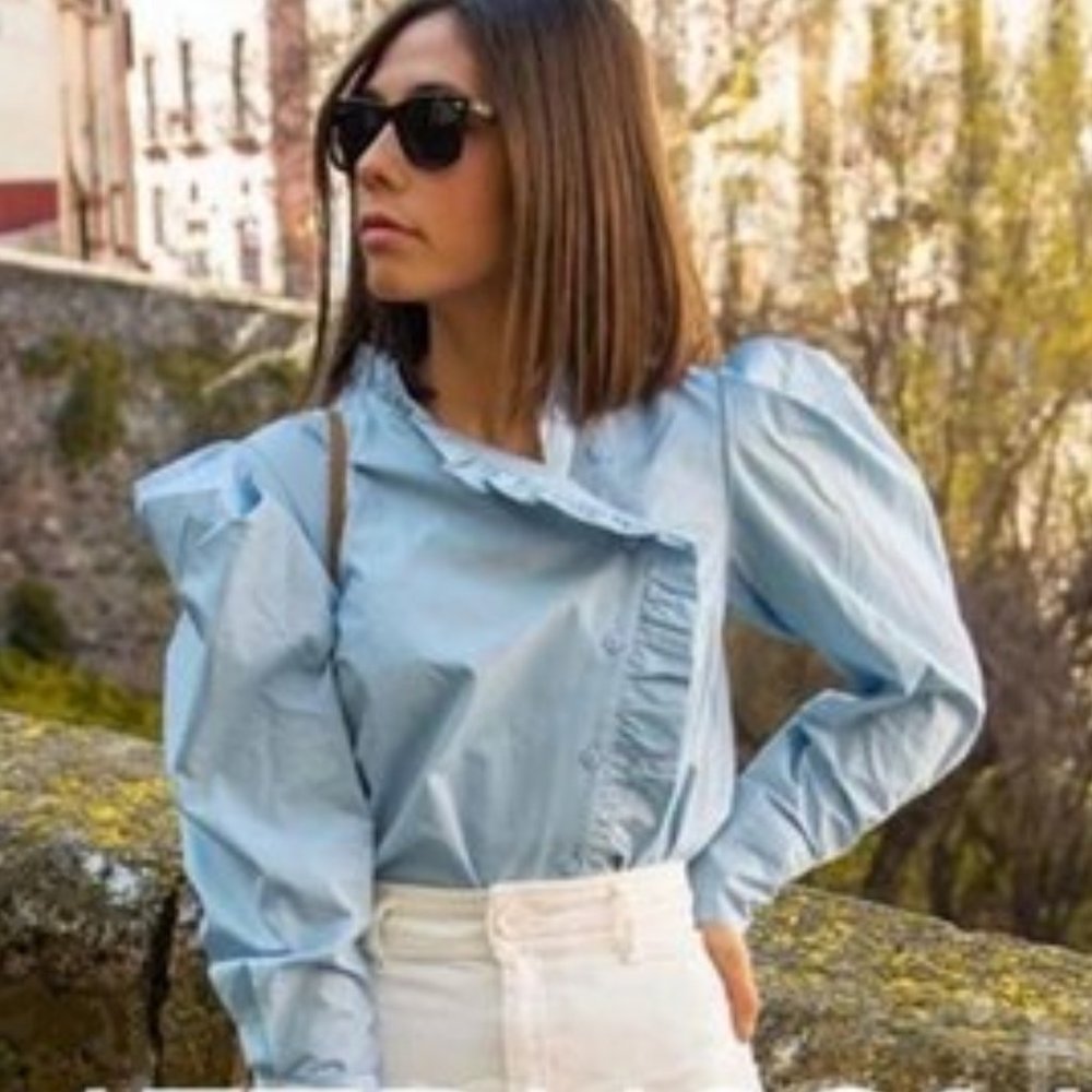 SOLD!!!Zara Ruffled High Collar Puff Sleeves Blue - Picture 3 of 9